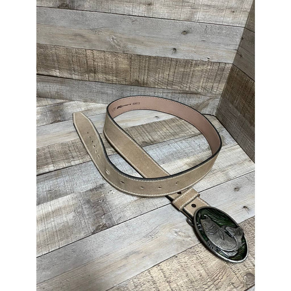 Vintage Genuine Split Cowhide Belt w/ Bergamot Brass Works Fish Buckle XL 42-44 - Picture 6 of 6